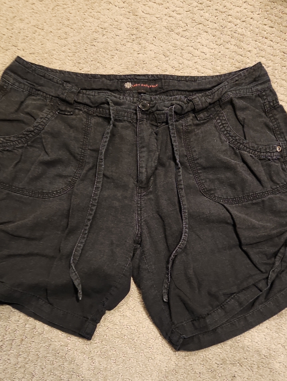 Lady Hathaway Black Drawstring Casual Linen Blend Shorts Sz 12